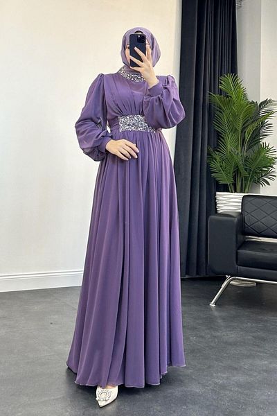 MERVEN AKYÜZ Lilac Mishe Chiffon Evening Dress