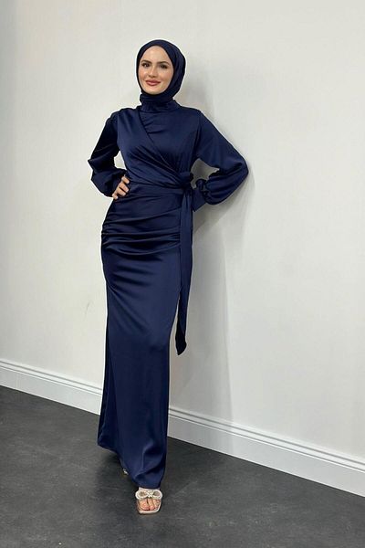 MERVEN AKYÜZ Βραδινό φόρεμα Orlenda Drape Detail Fish Satin Navy Blue