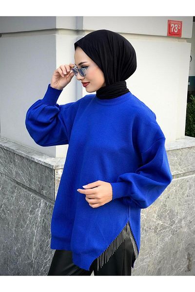 MERVEN AKYÜZ Saks Colorful Semi-Chain Knitwear Tunic