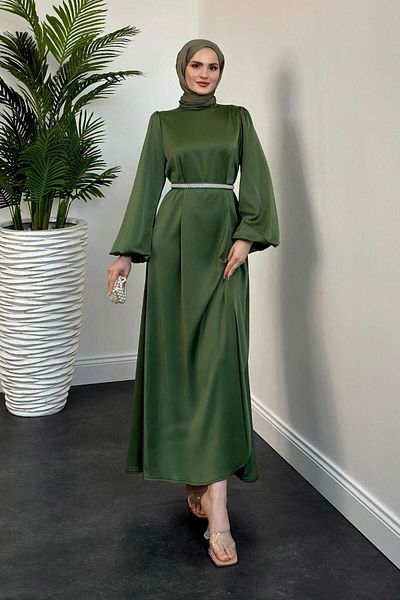 MERVEN AKYÜZ Rochie de seara din satin de menta - centura Nika Pearl