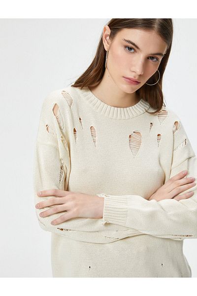 Koton Ripped Knitwear Sweater Long Sleeve Crew Neck