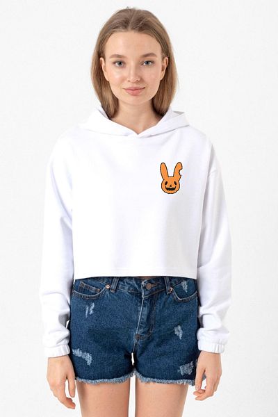 Tshirthane Bad Bunny Halloween White Optical Women's Crop Hoodie