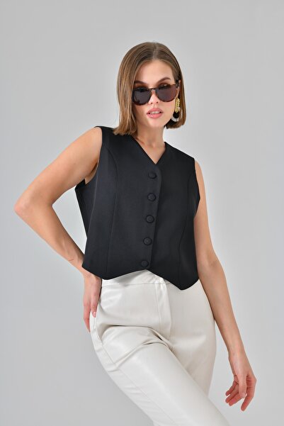 Saade Black Fitted Buttoned Woven Vest