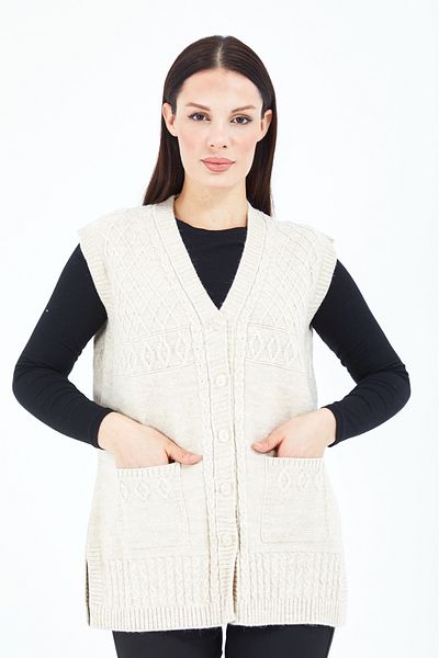 Elçelya Moda Women's Cream V-Neck Buttoned Pocket Knitted Wool Mother Knitwear Vest