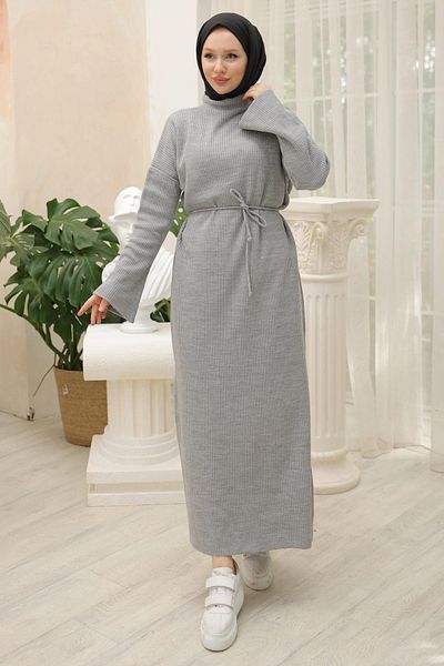 hafsamina Gray Spanish Sleeve Tied Knitwear Dress - Hm2530