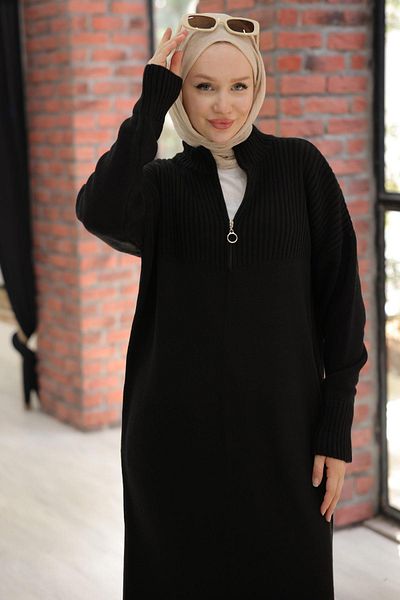 hafsamina Black Long Knitwear Tunic - Zippered Hm2529
