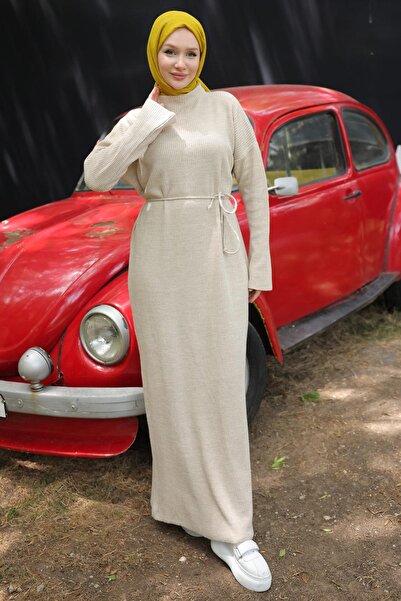 hafsamina Πλεκτό φόρεμα με πέτρινο χρώμα Ισπανικό μανίκι - HM2530