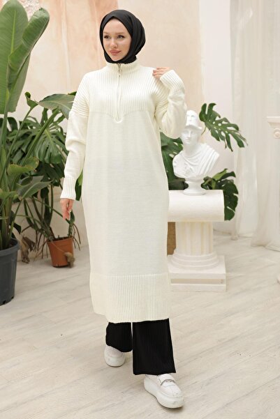 hafsamina Λευκό Μακρύ Πλεκτό Τούνικ - Φερμουάρ HM2529