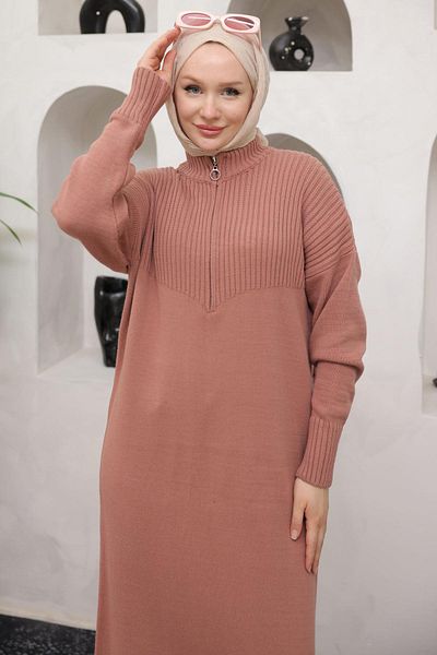 hafsamina Dried Rose Color Zippered Long Knitwear Tunic - Hm2529