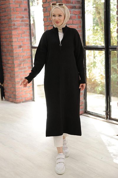 hafsamina Black Long Knitwear Tunic - Zippered Hm2529