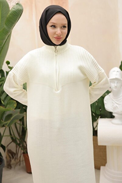 hafsamina Λευκό Μακρύ Πλεκτό Τούνικ - Φερμουάρ HM2529