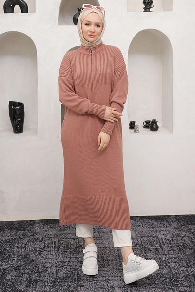 hafsamina Dried Rose Color Zippered Long Knitwear Tunic - Hm2529