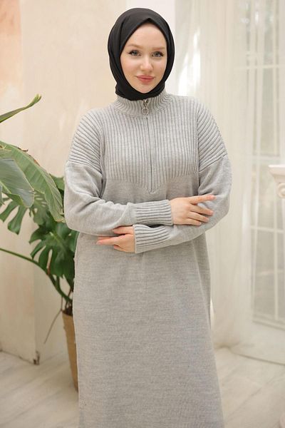 hafsamina Gray Long Knitwear Tunic - Zippered Hm2529