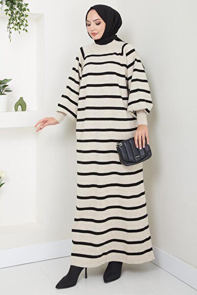 hafsamina Πλεκτό φόρεμα με ριγέ μπαλόνι με μανίκια - HM2524