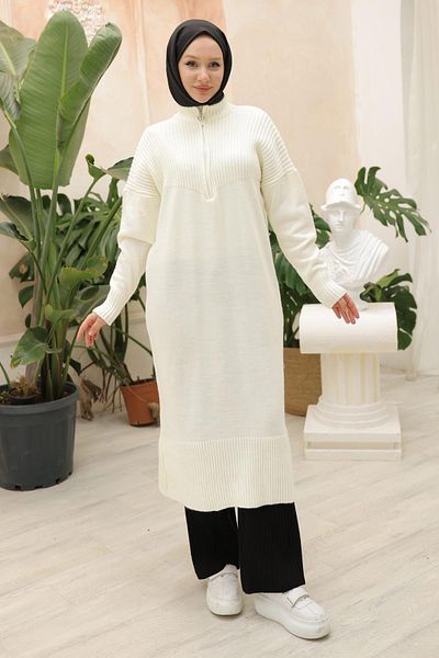 hafsamina تونيك تريكو طويل أبيض - بسحاب HM2529