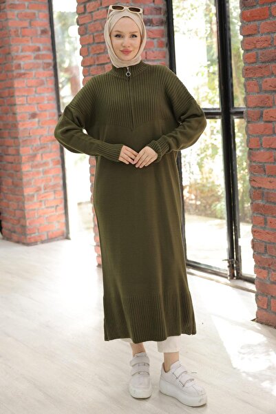 hafsamina Fermuarlı Uzun Triko Tunik Haki HM2529