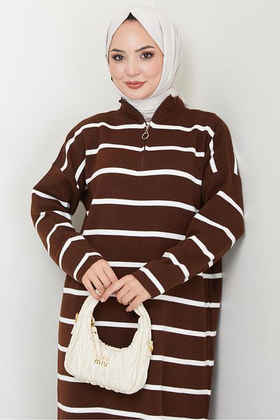 hafsamina Brown Striped Zippered Knitwear Dress - Hm2528