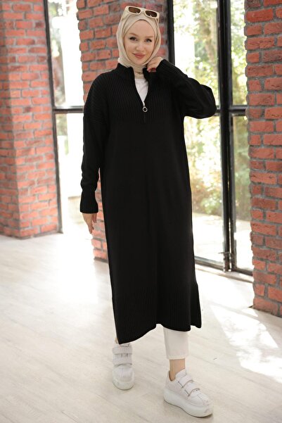 hafsamina Fermuarlı Uzun Triko Tunik Siyah HM2529