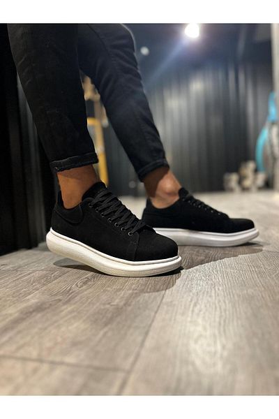 Knack High Sole Casual Shoes 044 Black Suede (White Sole)