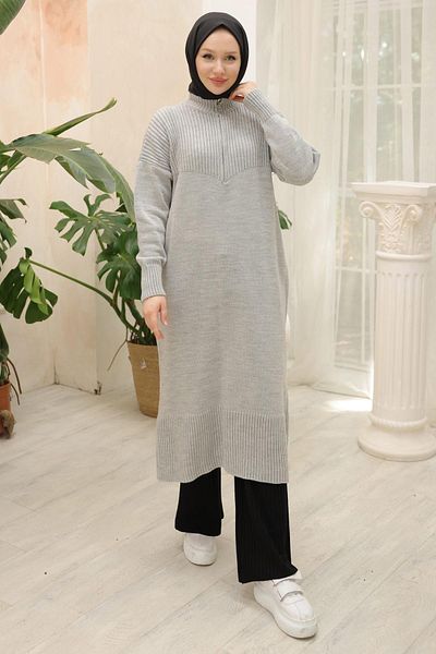 hafsamina Gray Long Knitwear Tunic - Zippered Hm2529