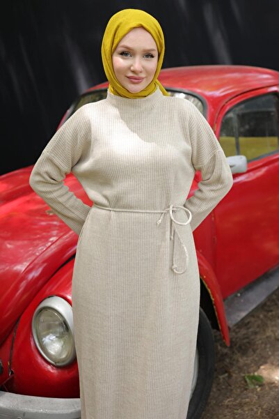 hafsamina Πλεκτό φόρεμα με πέτρινο χρώμα Ισπανικό μανίκι - HM2530