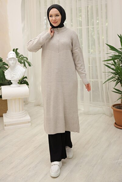 hafsamina Μακρύ πλεκτό τονίκ με φερμουάρ σε χρώμα πέτρας - HM2529