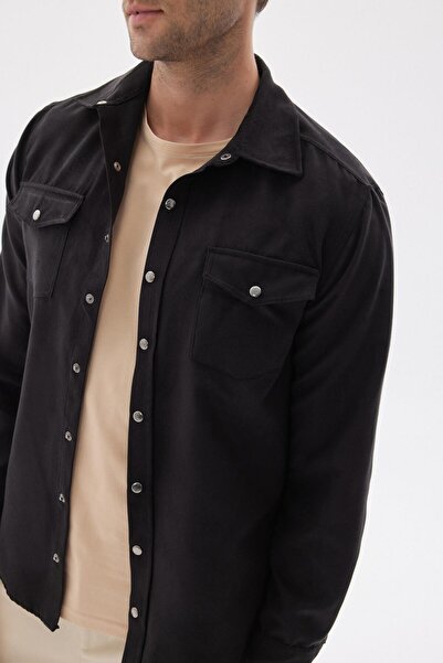 odelon Men's Black Slim Fit Shirt Jacket with Pockets