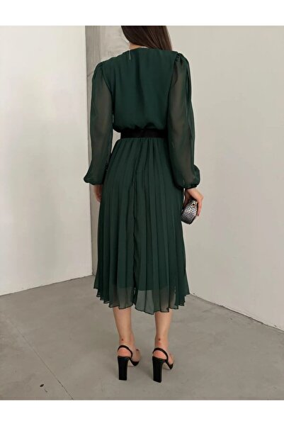 Modayakamoz Women's Chiffon Fabric Lined Flared Cut Double Breasted Collar Midi Length Dress