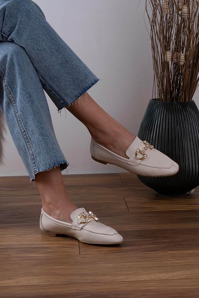 sovrana Beige Moccasin - Real Leather Inside and Outside, Stone Buckle Detailed