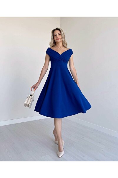 Femella Women Fashion Kadın Kısa Kollu Kruvaze Yaka Eteği Volanlı Krep Mezuniyet Balo Davet Yeniyıl Mavi Elbise