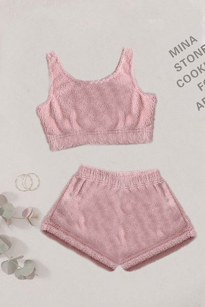 Merry See Single Color 1 Set Sleeveless Strap Plush Fleece Bottom Top Shorts Pajama Set