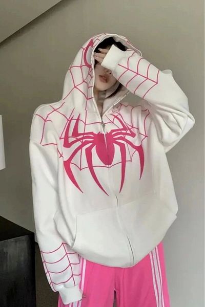 1blood Pink Spiderman Mask - White Hooded Cardigan