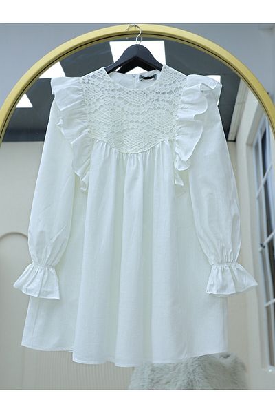 HİJABAYA Poplin Tunic - Robe with Shoulder Ruffle and Lace Embroidery