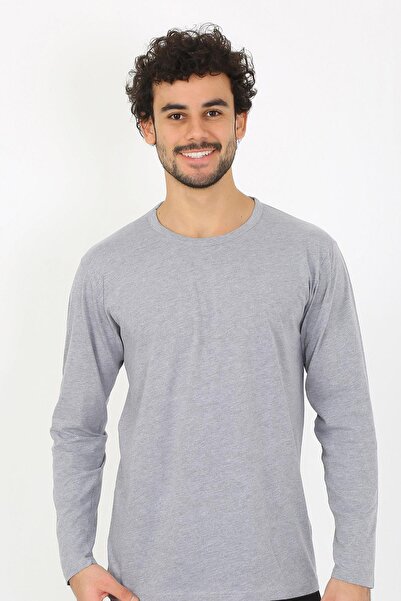 Akbeniz Tricou gri cu mânecă lungă și gât în formă de O pentru bărbați 6590