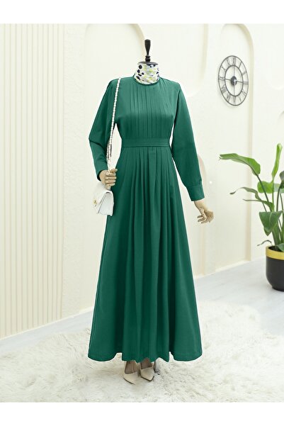 HİJABAYA Pliseli Yuvarlak Yaka Kuşaklı Uzun Elbise