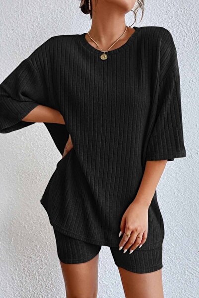 Merry See Short Sleeve Knitted Shorts Set - Top and Bottom Set