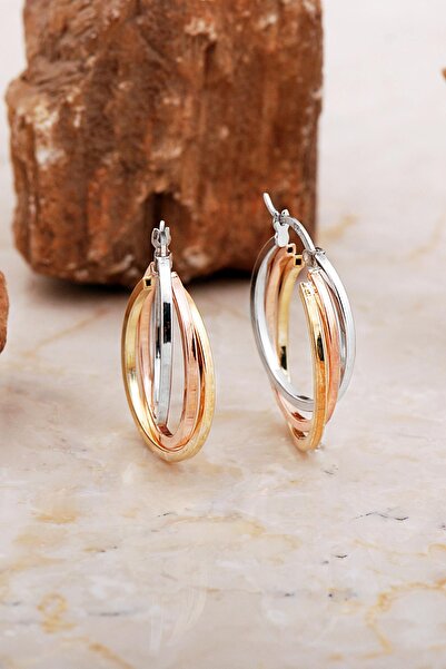 Sümer Telkari 24 Mm Üç Renkli Tasarım Gümüş Halka Küpe 7055