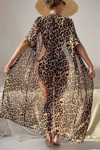 Angelsin Chiffon-Strandkleid mit Leopardenmuster und langer Vorderseite zum Binden, Pareo-Kimono