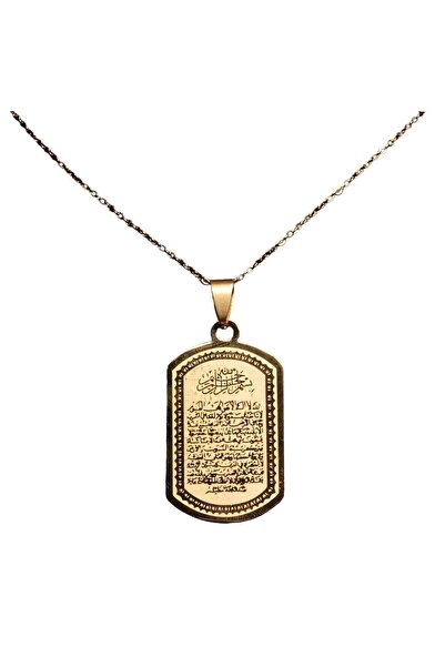 Sırlı Sepet Ayetel Kürsi Yazılı Dikdörtgen Altın Kaplama Çelik Kolye
