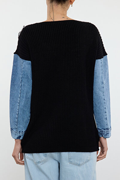 Edit by Trendyol Denim Detailed Black Knitwear Svetr - Tedaw25Kz00008