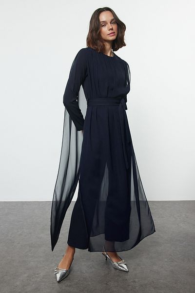 Trendyol Modest Тъмносин шифон гащеризон - с колан, тъкан, Tctss24Tl00006