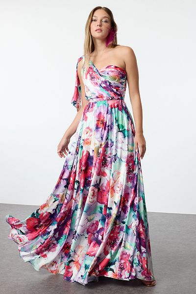 Trendyol Collection Egy vállú, stílusos virágmintás szőtt estélyi ruha - TPRSS24AE00245