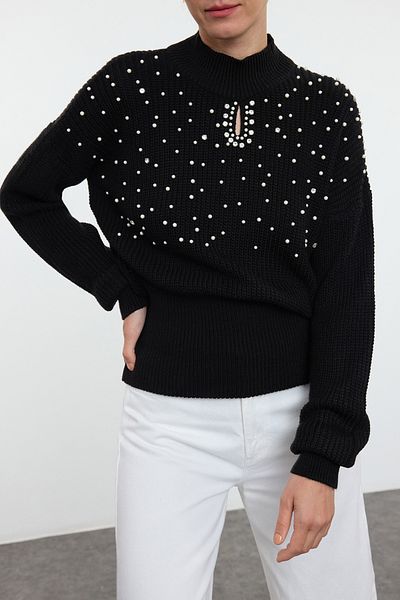Edit by Trendyol Pulover negru din tricotaje cu perle și detalii din piatră - TEDAW25KZ00013