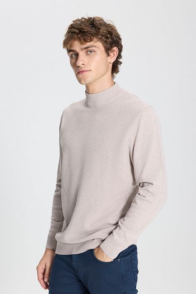 ALTINYILDIZ CLASSICS Beigefarbener Herren-Strickpullover mit normaler Passform und halbem Rollkragenpullover aus Baumwolle