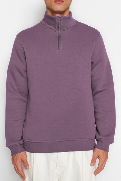 Trendyol Collection Μωβ φλις βαμβακερό φούτερ - γιακάς, φερμουάρ TMNAW24SW00041