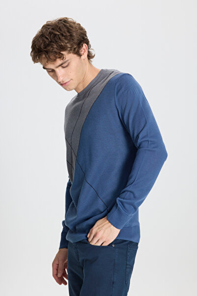 ALTINYILDIZ CLASSICS Erkek Indigo-gri Yünlü Standart Fit Normal Kesim Bisiklet Yaka Desenli Triko Kazak