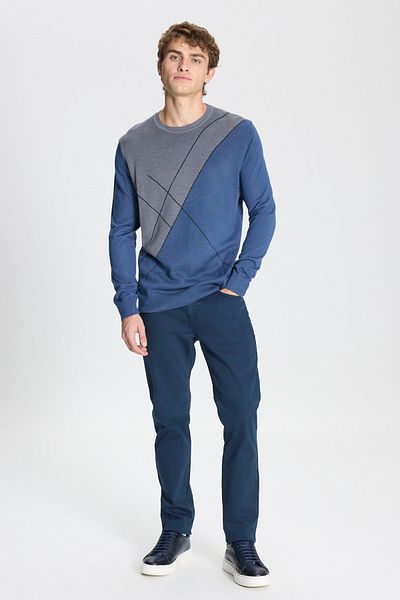 ALTINYILDIZ CLASSICS Men's Indigo-Gray Wool Standard Fit Regular Cut Crew Neck Patterned Knitwear Sweater
