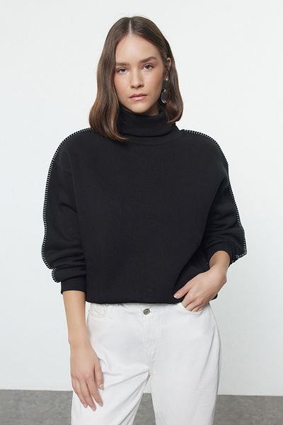 Trendyol Collection Черен плетен суитшърт - яка, широка кройка, овчарски шевове TWOAW25SW00013