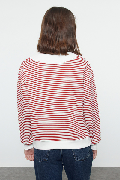 Trendyol Collection Claret Red Blocked Striped Oversize Collar Sweatshirt - Thick Knitted TWOAW25SW00010