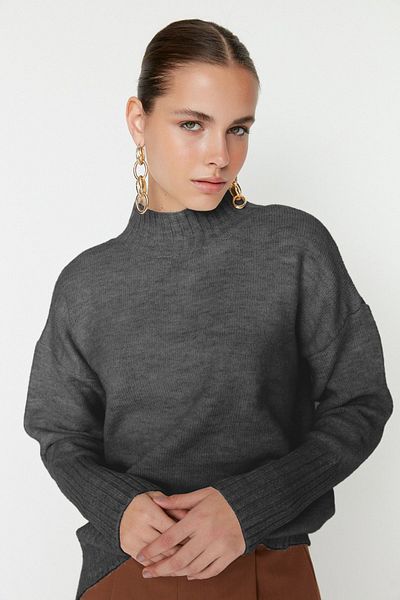 Trendyol Collection Anthracite Wide Fit Soft Textured Basic Knitwear Sweater Twoaw23Kz00490